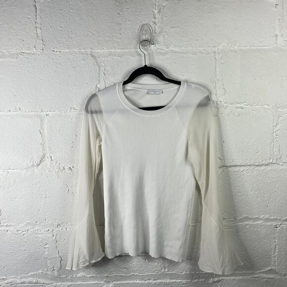 Sandro Women's White Ruddy Long Silk Bell Sleeve Ribbed Top Size Medium - Picture 1 of 9